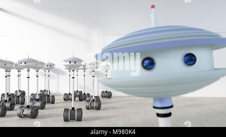 Gruppo di robot in una stanza con uno separato dagli altri, rendering 3D Foto Stock