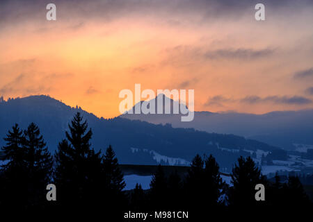 Grünten im Abendlicht vom Weg zwischen Hinterreute und Buronhütte bei Wertach, Bayrisch Schwaben, Bayern, Deutschland Foto Stock