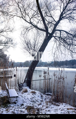 La Germania, il Land Brandeburgo, Havelland, panca di legno in inverno Foto Stock