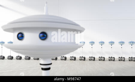 Gruppo di robot in una stanza con uno separato dagli altri, rendering 3D Foto Stock