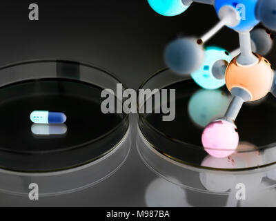 Il modello molecolare accanto a una capsula in capsule di petri Foto Stock
