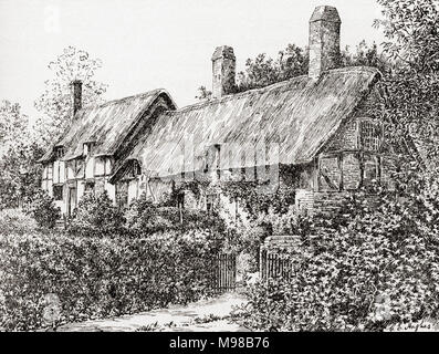 Anne Hathaway's Cottage, Stratford-upon-Avon, Inghilterra. Anne Hathaway, 1556 - 1623. Moglie di William Shakespeare, 1564 (battezzato) - 1616. Poeta inglese, drammaturgo e attore. Da una vita di William Shakespeare, pubblicato 1908. Foto Stock