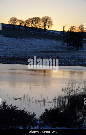 Snowy tramonto a Waldegrave Pool & North Hill Priddy Mineries, Mendip Hills, Somerset Foto Stock