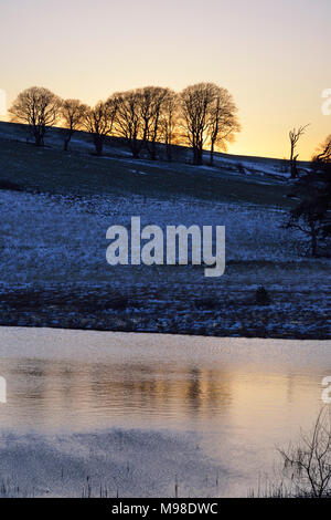 Snowy tramonto a Waldegrave Pool & North Hill Priddy Mineries, Mendip Hills, Somerset Foto Stock