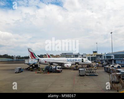 SriLanka Airways Airbus A320-200 sottoposto a interventi di manutenzione sul terreno al Bandaranaike (Colombo) Dall'Aeroporto Internazionale di Colombo, Sri Lanka Foto Stock