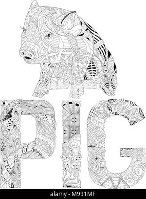 Zentangle illustrazione con pig. Groviglio Zen o doodle maialino. Libro da colorare animale domestico. Illustrazione Vettoriale