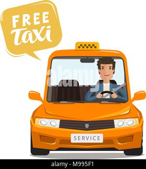 Taxi gratuito, concetto. Driver felice cavalca un auto. Fumetto illustrazione vettoriale Illustrazione Vettoriale