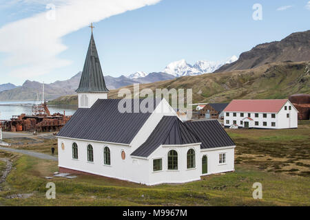 Vista della chiesa norvegese, Grytviken, Georgia del Sud Antartide Foto Stock