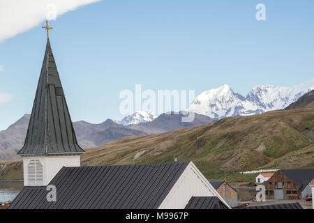 Vista della chiesa norvegese, Grytviken, Georgia del Sud Antartide Foto Stock