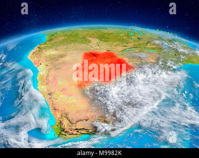 Vista orbita del Botswana evidenziata in rosso sul pianeta Terra con altamente dettagliate texture di superficie. 3D'illustrazione. Gli elementi di questa immagine fornita da Foto Stock