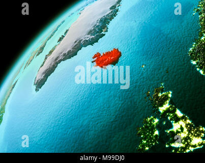 Sera su Islanda come visto dallo spazio sul pianeta Terra. 3D'illustrazione. Gli elementi di questa immagine fornita dalla NASA. Foto Stock