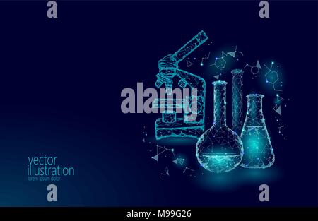 Bassa poli scienza chimica palloni di vetro. Equipaggiamento magico microscopio lente zoom triangolo poligonale blu brillante futuro di ricerca technology business medicina concetto illustrazione vettoriale Illustrazione Vettoriale