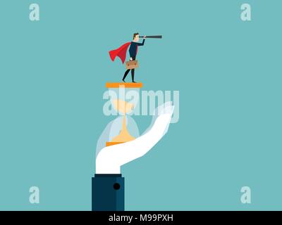 Illustrazione della grande mano che tiene la clessidra e imprenditore utilizzare telescopio concetto di business Illustrazione Vettoriale