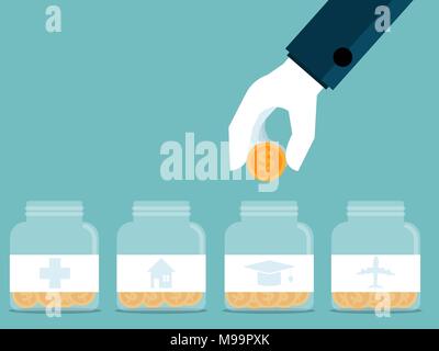 Il risparmio per future concept mano umana mettere soldi moneta in un barattolo di vetro con il simbolo piano sfondo vettoriale Illustrazione Vettoriale