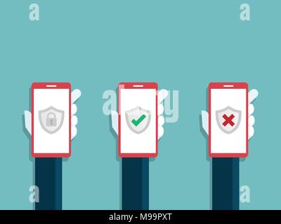 Illustrazione di mani umane azienda mobile smartphone con scudo di protezione di bloccaggio e scansione sullo schermo Illustrazione Vettoriale