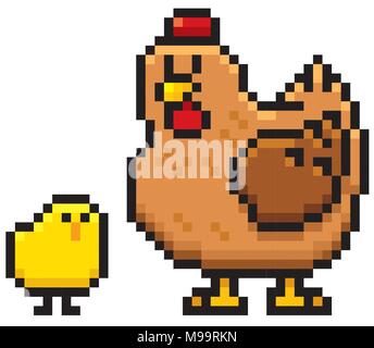 Illustrazione Vettoriale di cartoon gallina e chick - design di Pixel Illustrazione Vettoriale