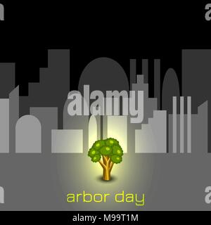 National Arbor Day. Concetto - albero si illumina contro la città di grigio. Per striscioni, inviti, blog Illustrazione Vettoriale