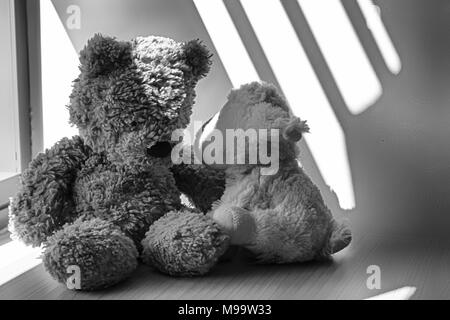 Orso e agnello (pecora) giocattolo seduto alla finestra di ombre Foto Stock