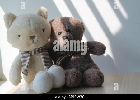 Orso e cucciolo giocattolo seduto alla finestra di ombre Foto Stock