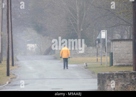 Flintshire, Wales, Regno Unito 24 marzo 2018, UK Meteo: un fresco misty e nelle parti di nebbia per iniziare la giornata per alcuni questa mattina con la prospettiva di una cortina di nubi e condizioni di umidità a soffermarsi. Una mattina presto proprietario del cane e il cane a camminare lungo una corsia nella nebbia nel villaggio di Rhes-y-CAE, Flintshire © DGDImages/Alamy Live News Foto Stock