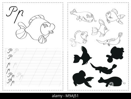 Alfabeto lettere di foglio di lavoro di tastatura con alfabeto russo lettere - pesci Illustrazione Vettoriale