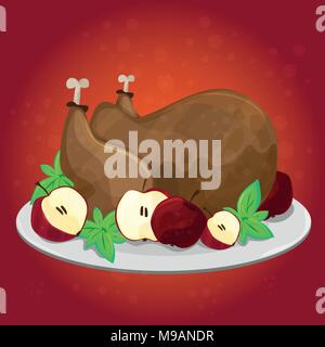 La Giornata del ringraziamento. Biglietto di auguri con la Turchia, mele - cartoon vettoriale Illustrazione Vettoriale