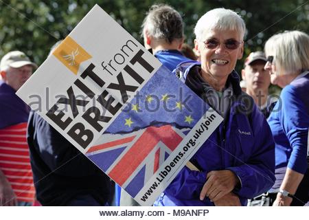 Una donna con un'uscita Brexit segno durante un marzo contro brexit organizzato dai democratici liberali a Londra nel 2017. Credito: reallifephotos/Alamy Foto Stock