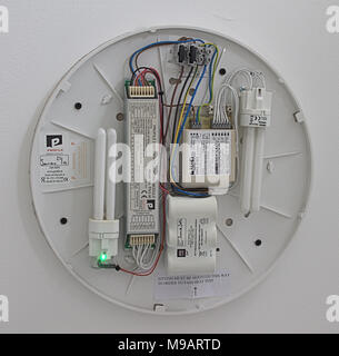 Luce elettrica il raccordo con il coperchio rimosso che mostra il circuito di cablaggio, lampadine, condensatori, batterie e collegamenti corretti e simboli elettrici. Foto Stock