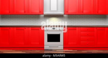 Red mobili da cucina e stufa eletric e cappa, piastrelle in ceramica a parete e pavimento in legno, vista frontale. 3d illustrazione Foto Stock