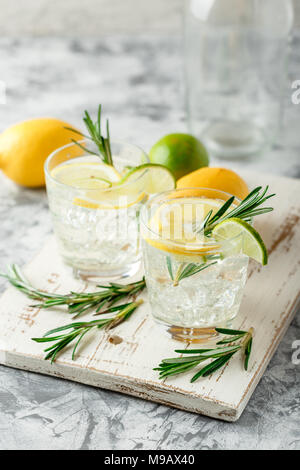 Due bicchieri di gin tonic su un vassoio seduti su un tavolo da giardino  con sole forte in background Foto stock - Alamy