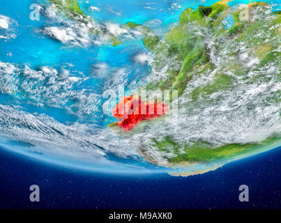 Ecuador evidenziata in rosso sul pianeta Terra con le nuvole. 3D'illustrazione. Gli elementi di questa immagine fornita dalla NASA. Foto Stock