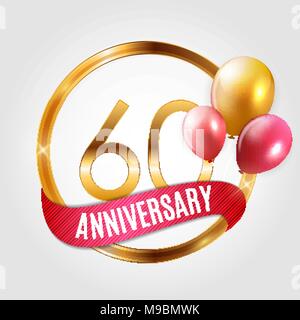 Modello Logo Oro 60 anni di anniversario con nastro e palloncini illustrazione vettoriale Illustrazione Vettoriale