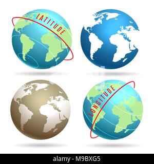 Globo terrestre set con latitudine longitudine. Illustrazione Vettoriale. Illustrazione Vettoriale