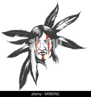 Disegnata a mano illustrazione di native american indian guerriero. Tribal nativa americana con faccia dipinta e piume. Illustrazione Vettoriale. Illustrazione Vettoriale