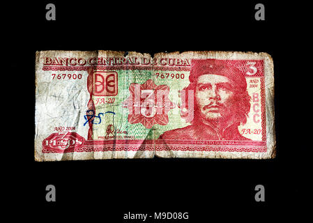 Parte anteriore del Bill di tre pesos cubani in cui il volto di Ernesto Che Guevara è visto Foto Stock