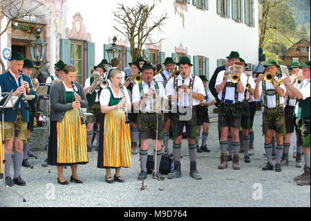 Maibaum aufstellen in Alta Baviera mit Blaskapelle Foto Stock