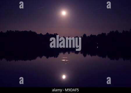 La super luna riflessa in un lago di un viola scuro cielo notturno con albero sagome in Westford, Massachusetts, STATI UNITI D'AMERICA. Foto Stock