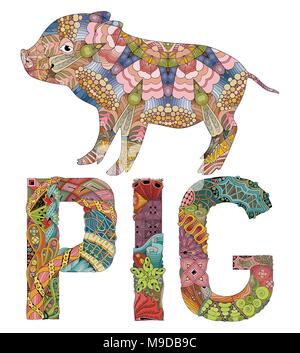 Zentangle illustrazione con pig. Groviglio Zen o doodle maialino. Salvadanaio di stile zentangle per t-shirt design, tattoo e altre decorazioni Illustrazione Vettoriale