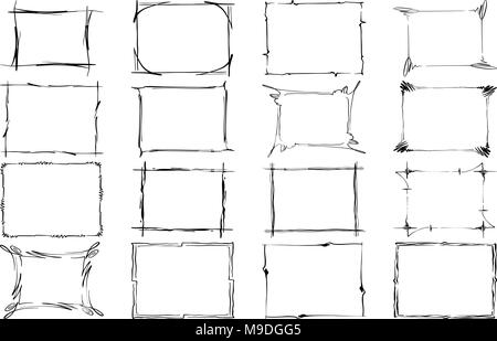 Set di cornici di vettore. I rettangoli per l'immagine. Disegnato a mano evidenziando nero frontiere isolato su uno sfondo bianco. Doodle effetto. Segni di matita. In stile cartone animato. Le forme geometriche per la progettazione. Schizzo guardare Illustrazione Vettoriale