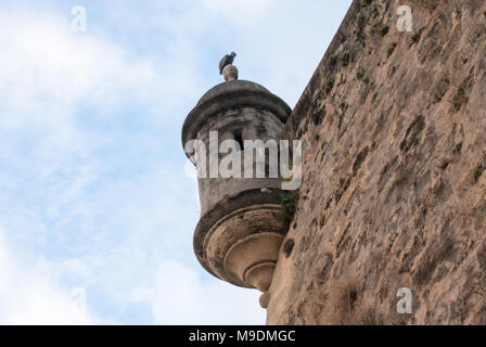 Vista inferiore di una cassa di ricovole (garita) con una cima pellicana a San Juan, Porto Rico Foto Stock