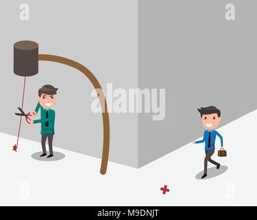 Imprenditore azienda intende forbici per tagliare una corda trappola per attacco ad un altro uomo d affari. Il concetto di un rivale in affari. cartoon business conce Illustrazione Vettoriale