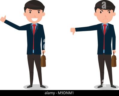 Il bene e il male. Simpatie e antipatie. Imprenditore che mostra il gesto di approvazione e di biasimo. business man personaggio dei fumetti illustrazione vettoriale. Illustrazione Vettoriale