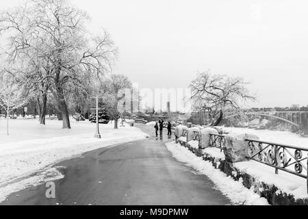 I turisti visualizzazione delle Cascate del Niagara in inverno con gli alberi congelati, neve e ghiaccio. Foto Stock