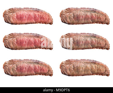 Materie bistecche gradi di frittura: rare, blu, medium, medium rare, medie e ben fatto isolato su sfondo bianco con tracciato di ritaglio Foto Stock