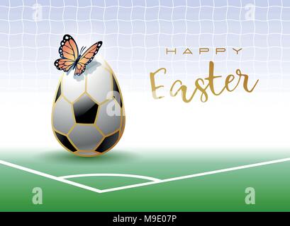 Felice Pasqua. Un realistico uovo di Pasqua come un pallone da calcio e butterfly. Sport biglietto di auguri. Illustrazione Vettoriale. Illustrazione Vettoriale