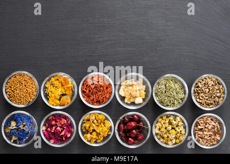 Selezione di erbe su sfondo scuro con copia spazio - fieno greco, calendula, sandalo, incenso resina, Equiseto, cardo, Fiordaliso, ros Foto Stock