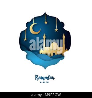 Il Ramadan Kareem illustrazione con oro arabo moschea Origami, falce di luna e le stelle. Carta tagliata stile. Sfondo del vettore. Illustrazione Vettoriale