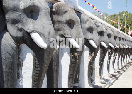 Elephant pilastri che circondano il Ruwanwelisaya Stupa vicino al complesso di Anuradhapura in Sri Lanka Foto Stock