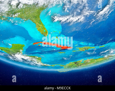 Cuba ha evidenziato in rosso sul pianeta Terra con le nuvole. 3D'illustrazione. Gli elementi di questa immagine fornita dalla NASA. Foto Stock