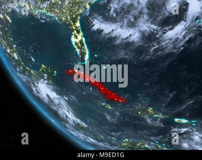 Cuba di notte evidenziata in rosso sul pianeta Terra con le nuvole. 3D'illustrazione. Gli elementi di questa immagine fornita dalla NASA. Foto Stock